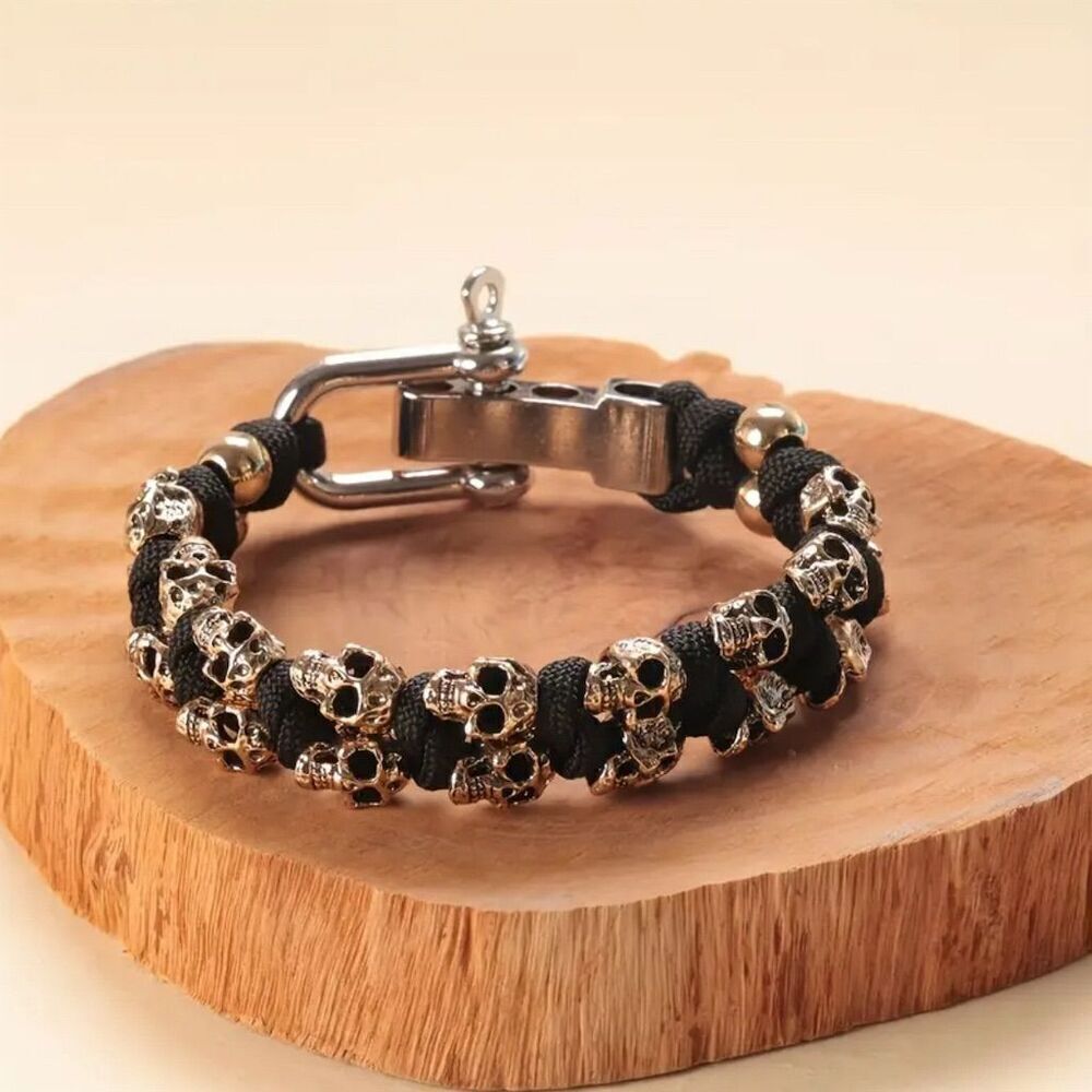Men's Gothic Handmade Gold Skull Bracelet Adjustable Wristband Grunge Gorpcore